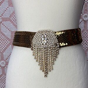 1980s classic glamour gold mesh stretch belt w/ cascading rhinestone fringe